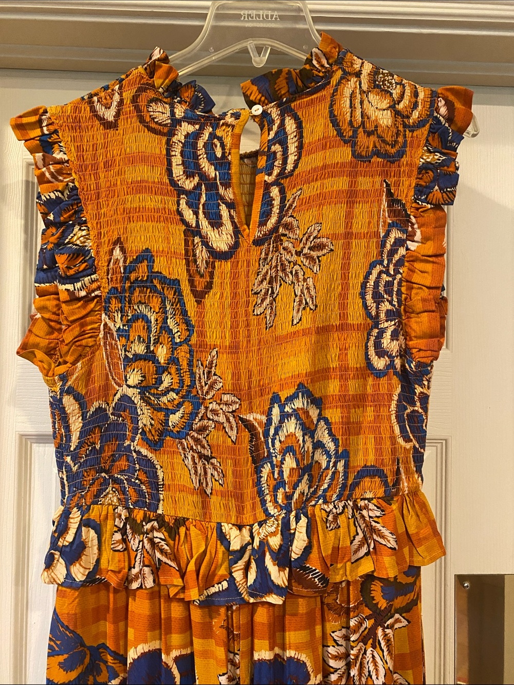 Farm Rio Anthropologie Mustard Floral Wide-Leg Jumpsuit with Ruffle Details - Picture 2 of 5